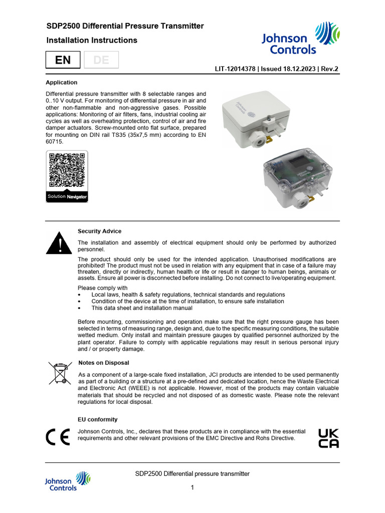 Differential Pressure Transmitter (SDP2500-R8) | PDF