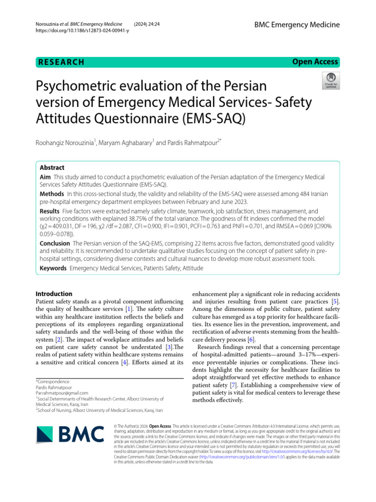 Psychometric Evaluation of The Persian Version of Emergency Medical ...