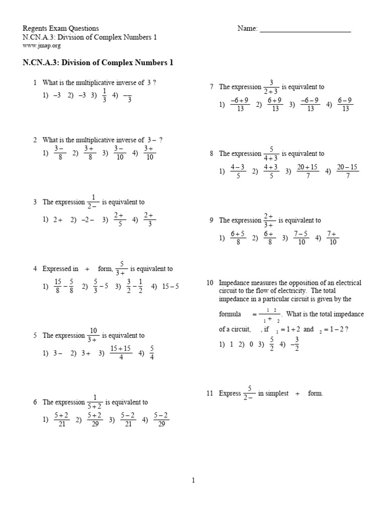 N.CN.A.3. Division of Complex Numbers 1 | PDF