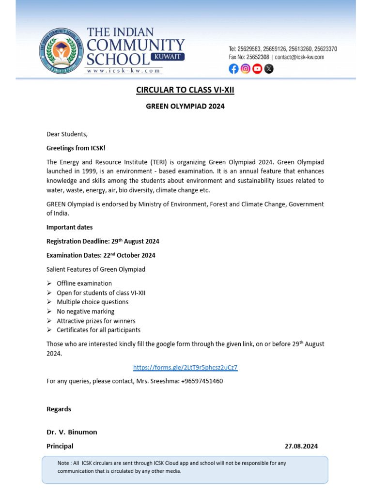 Circular To Class Vi-Xii - Green Olympiad 2024 | PDF