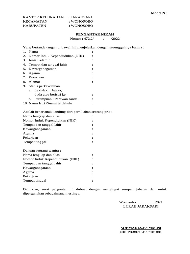 Surat Pengantar Nikah Model N1 Wonosobo | PDF | Indonesia | Sports ...