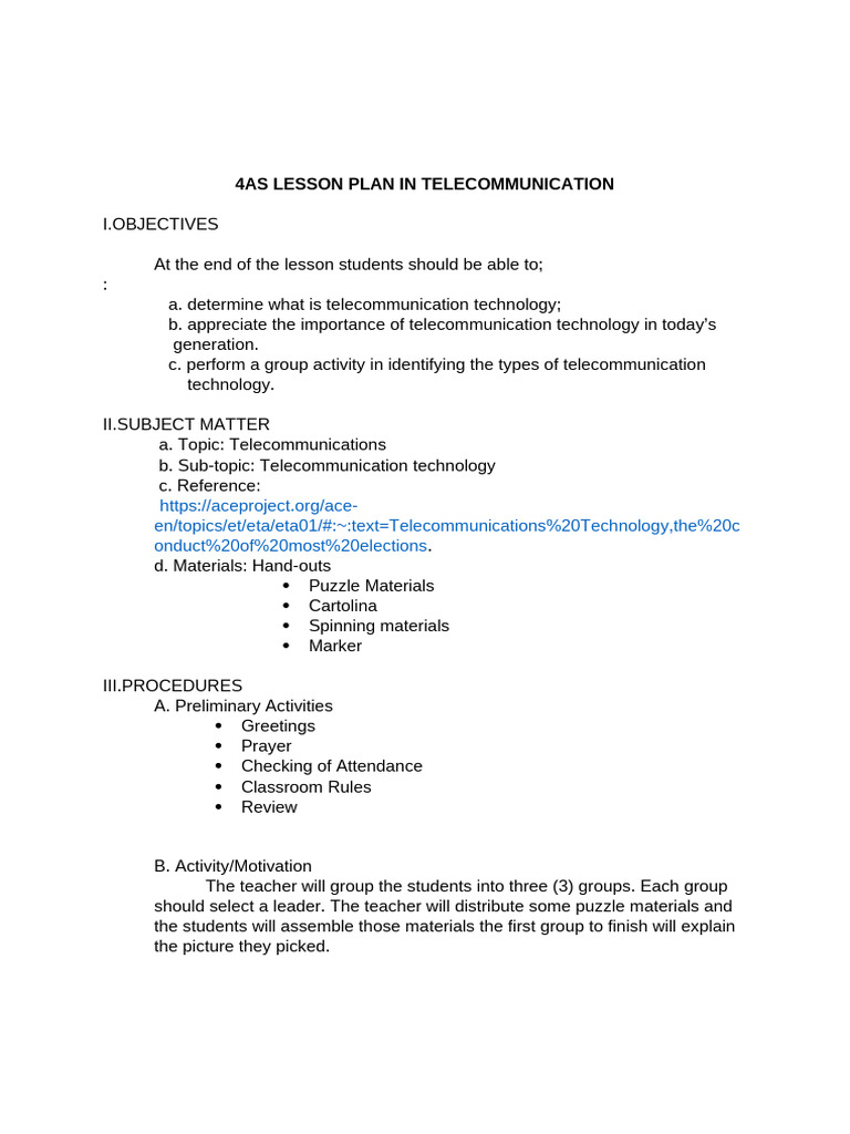 4as Lesson Plan in Telecommunication | PDF