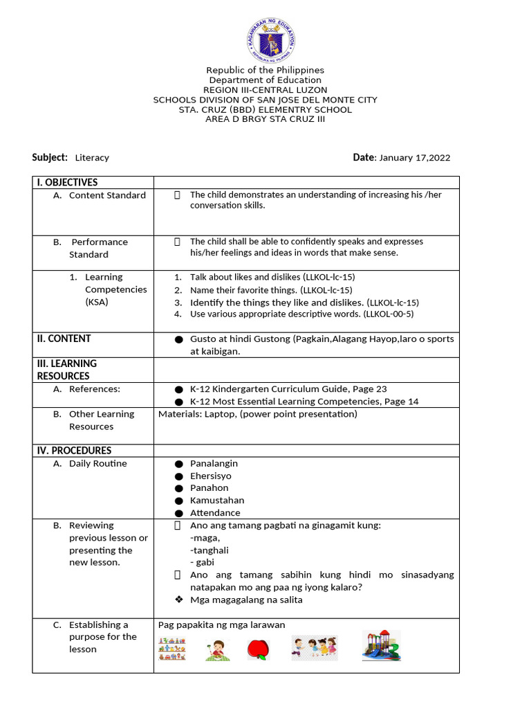 Kindergarten Literacy Lesson Plan | PDF | Behavior Modification | Learning