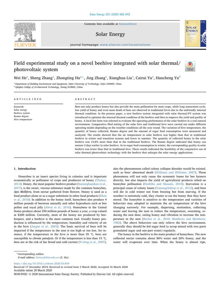 Field Experimental Study On A Novel Beehive Integrated With Solar ...
