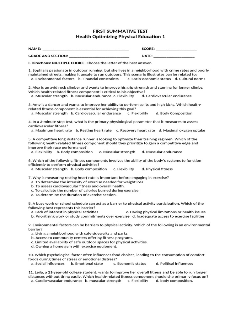 Health Optimizing Physical Education Test | PDF | Physical Fitness ...