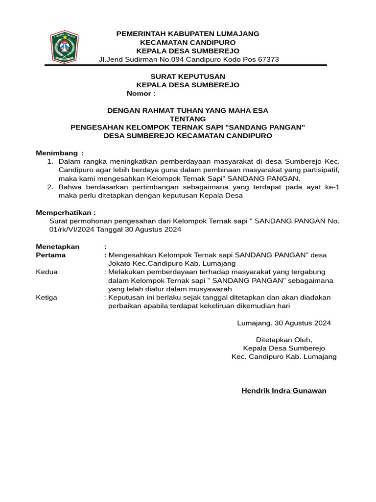 Sk Kepala Desa Sapi Sandang Pangan Pdf