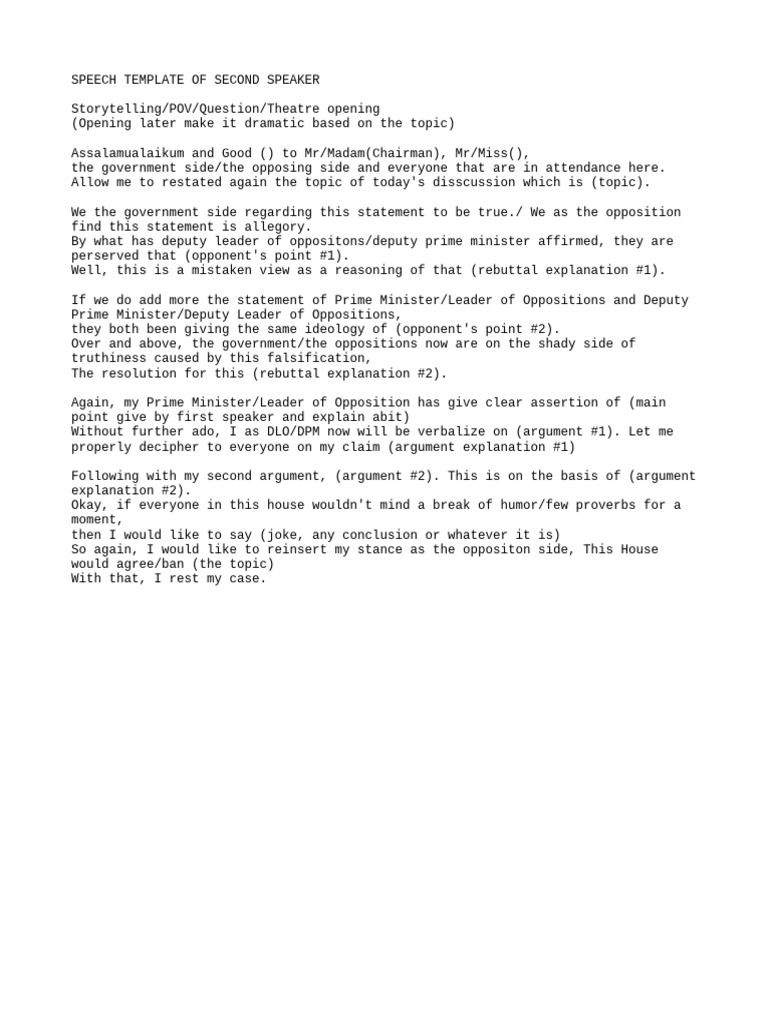 Debate Template Speech For Second Speaker | PDF