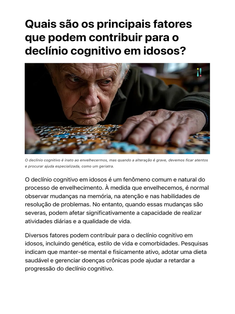 Declínio Cognitivo em Idosos - Conheça Os Fatores de Riscos | PDF ...