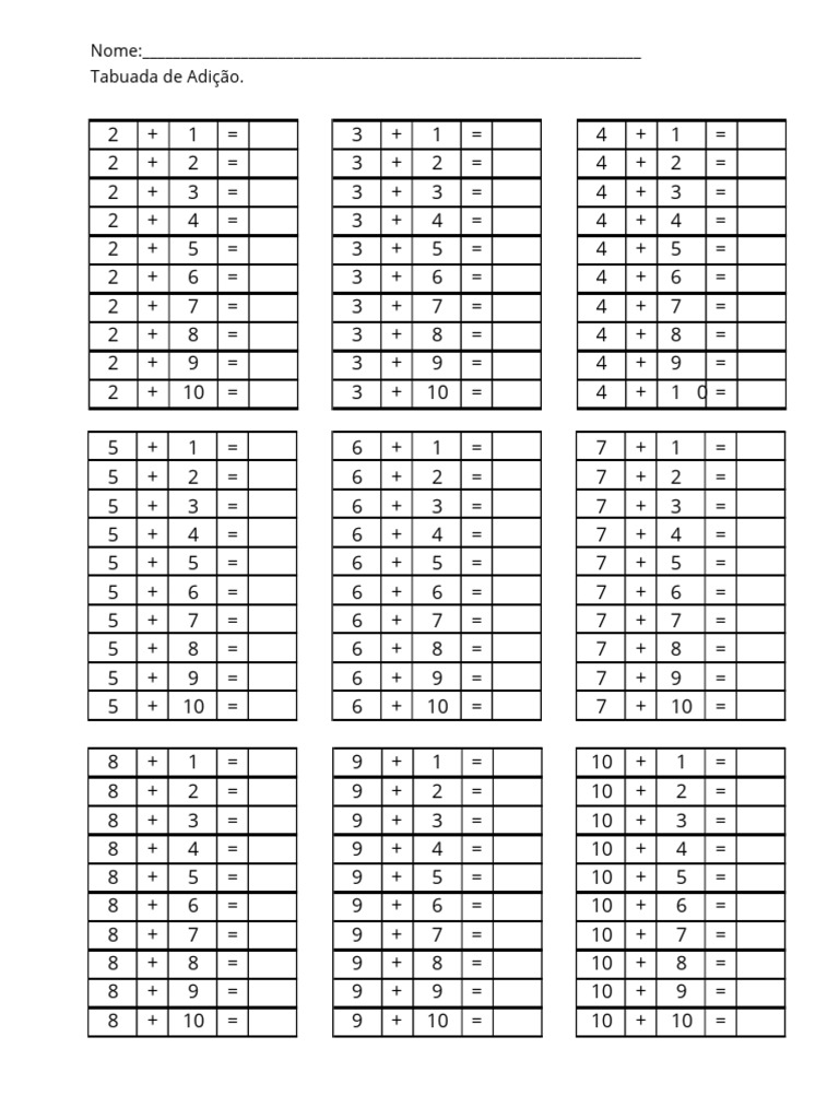 Tabuada de Adicao para Imprimir PDF | PDF