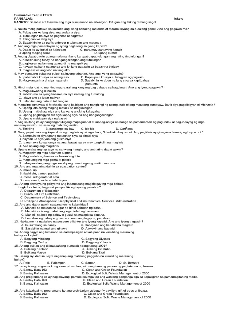Summative Test in ESP 5 | PDF