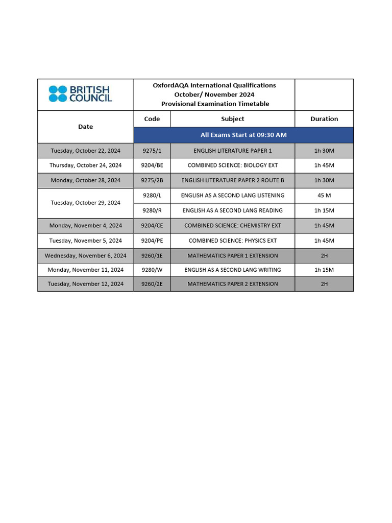 OxfordAQA - Oct Nov 2024 - Timetable - Provisional | PDF