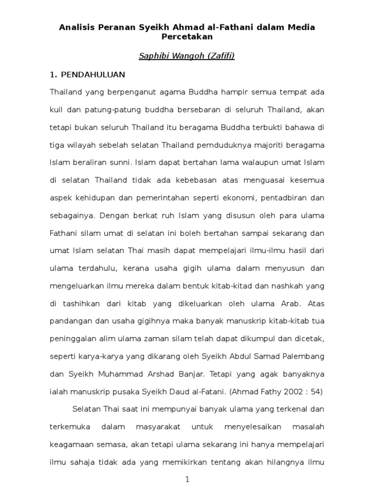 Analisis Peranan Syeikh Ahmad Al Fathani Dalam Media Percetakan Pdf