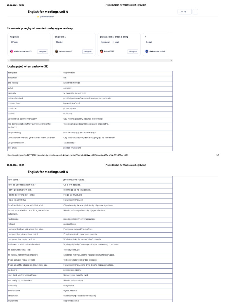 Fiszki - English For Meetings Unit 4 - Quizlet | PDF
