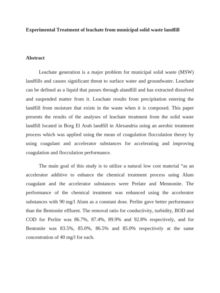Experimental Treatment of Leachate From Municipal Solid Waste Landfill ...
