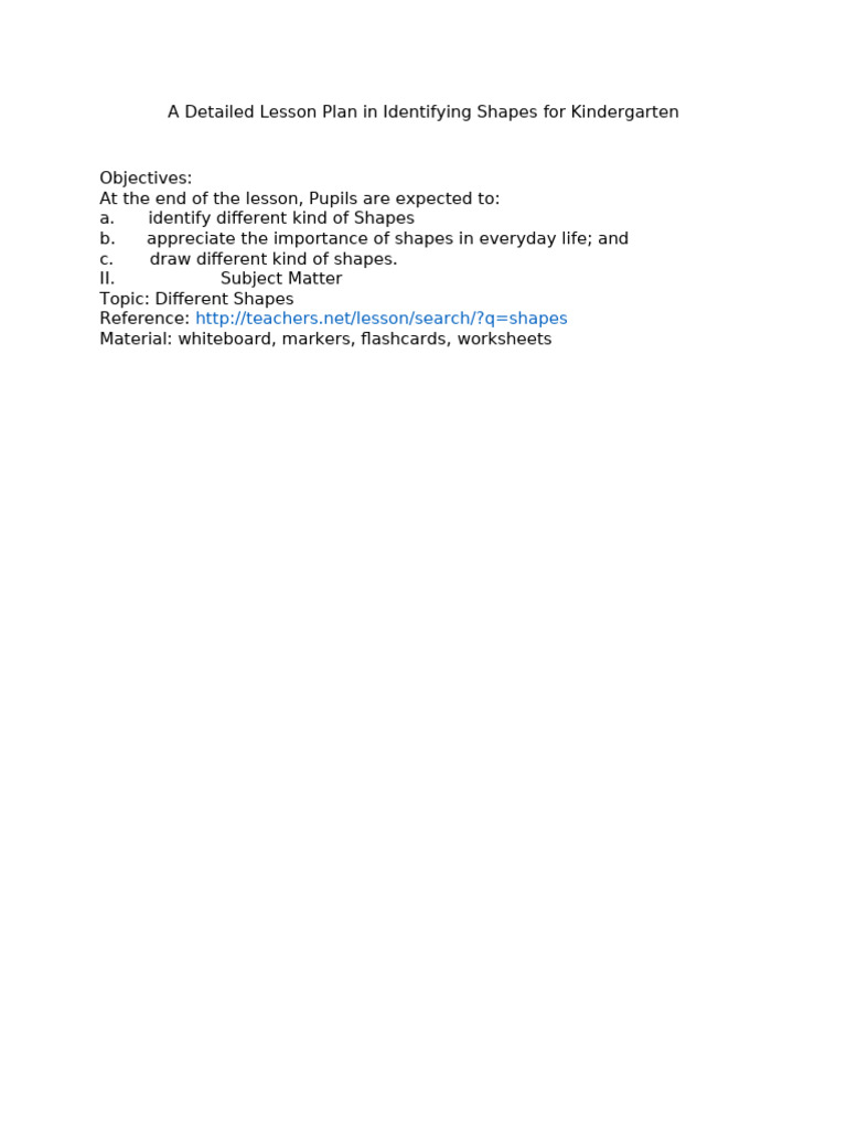 A Detailed Lesson Plan in Identifying Shapes For Kindergarten | PDF