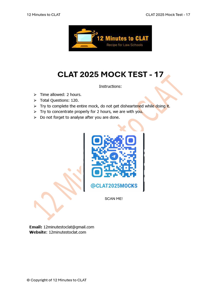 Click Here: Clat 2025 Mock Test - 17 | PDF