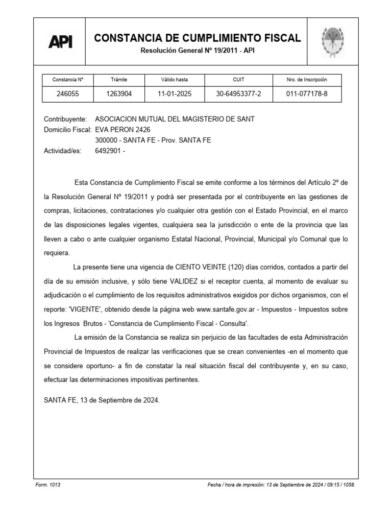 Constancia de cumplimiento fiscal resoluci n general 19 2011 api pdf