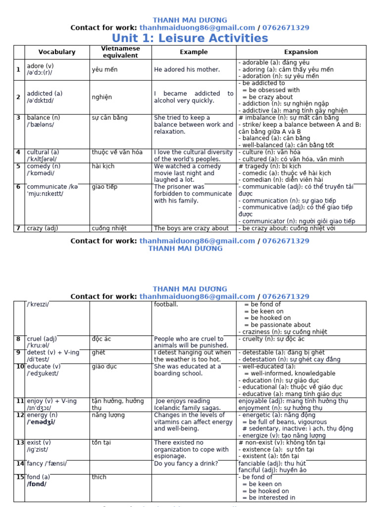 Unit 1 leisure activities pdf vietnam