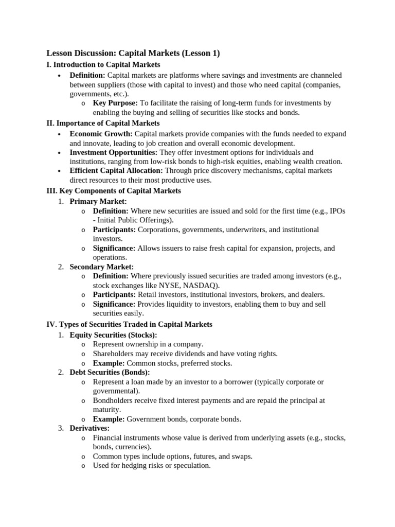 Capital Markets Overview & Key Concepts | PDF | Securities (Finance ...