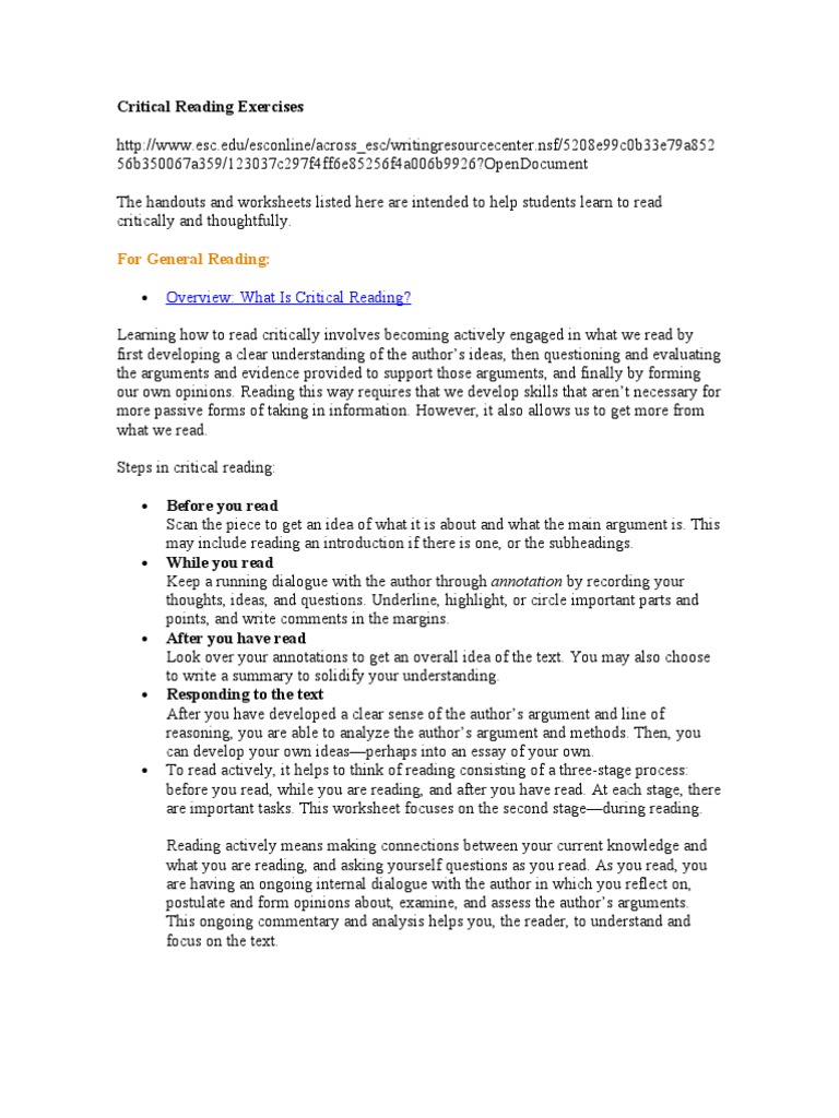 Critical Reading Exercises | Reading (Process) | Argument