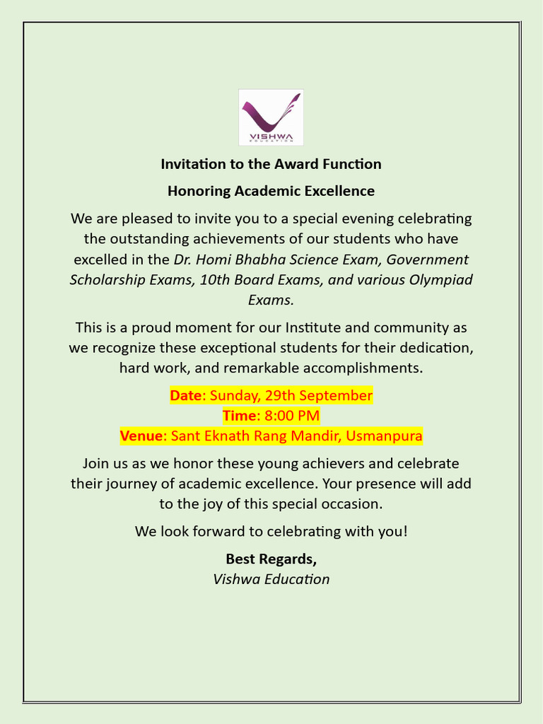 Invitation To The Award Function | PDF