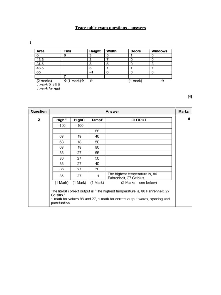 2c Trace Table Exam Questions Answers | PDF
