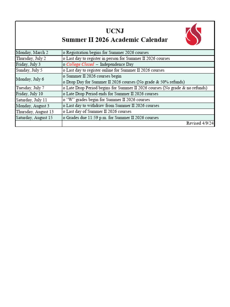 Summer II 2026 Academic Calendar PDF