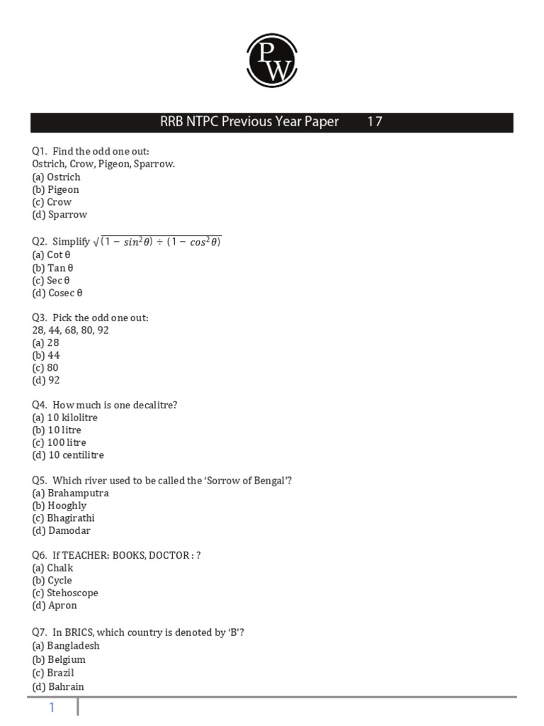 RRB NTPC Previous Year Paper 17 English | PDF