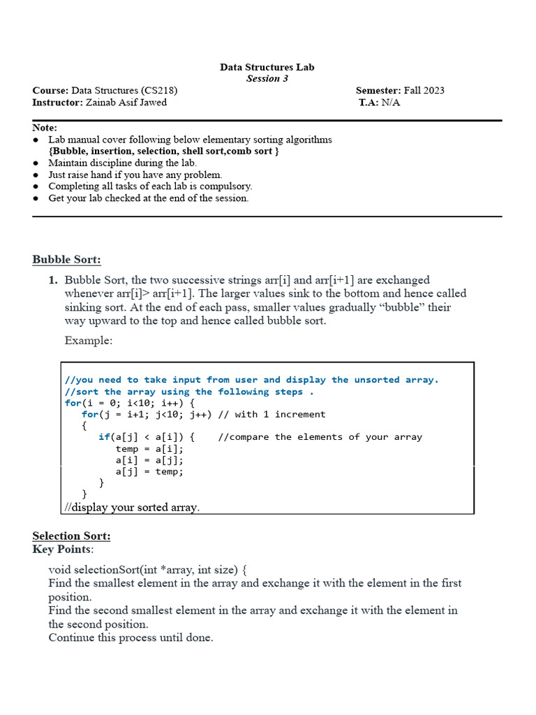 DSA L3 (Sorting Algorithms) (Bubble, Insertion, Selection, Shell, Comb ...