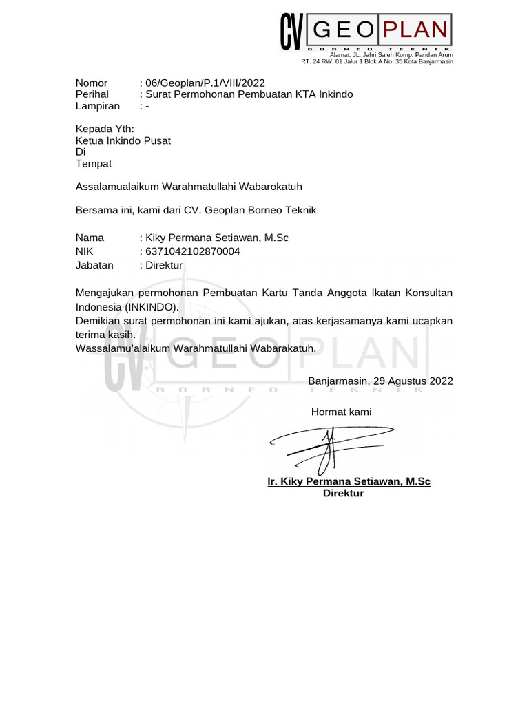 Surat Permohonan Pembuatan KTA | PDF