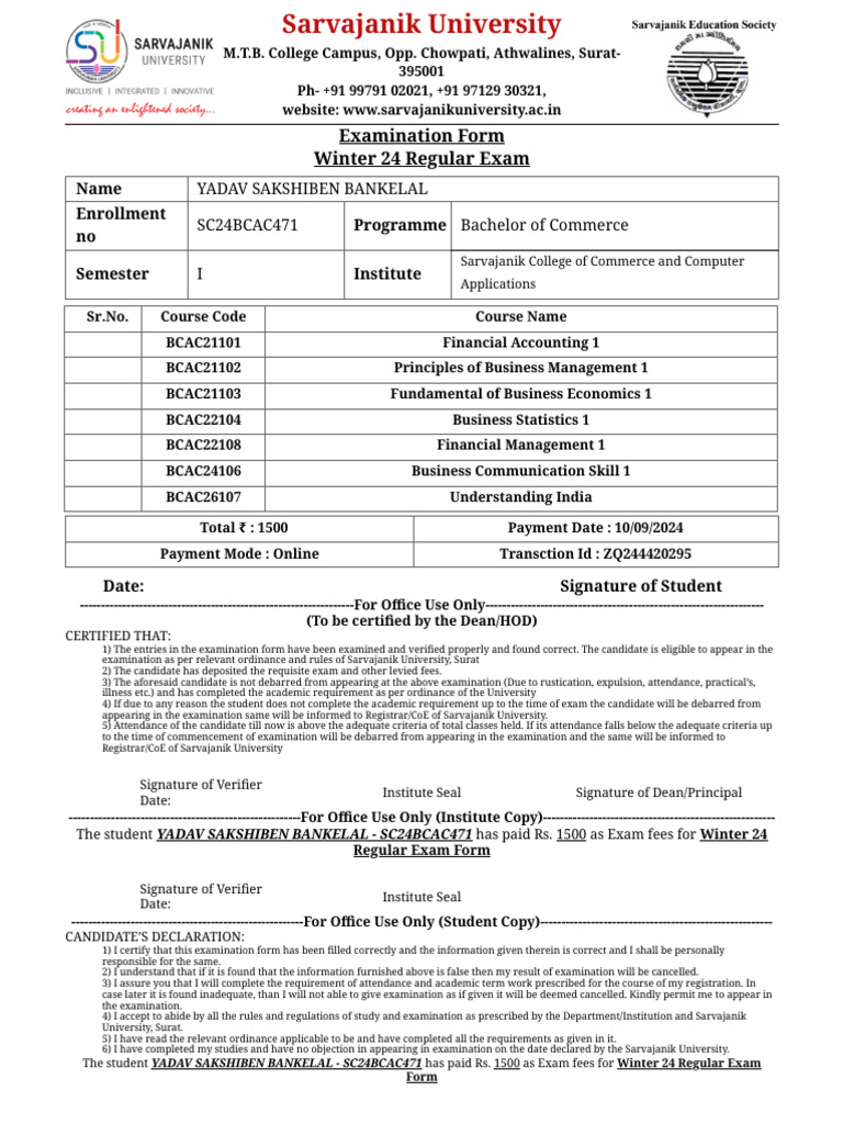 Exam Form Bcom Sem 1 | PDF
