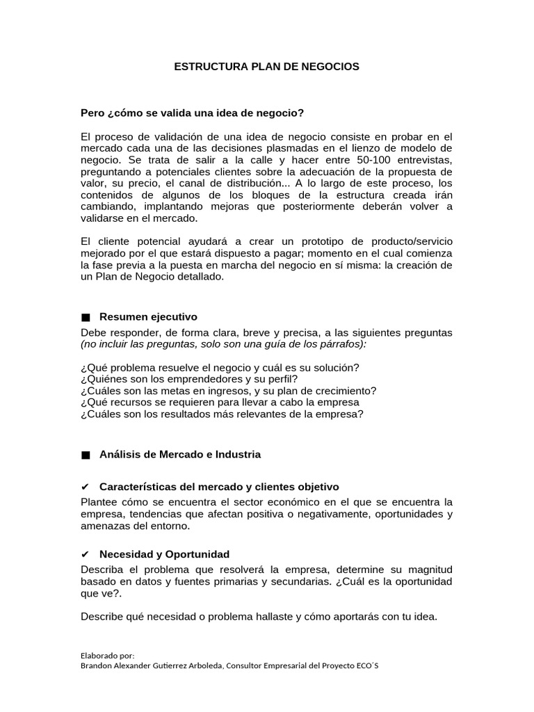 Estructura Plan de Negocios Grupo 4 | PDF | Plan de negocios ...
