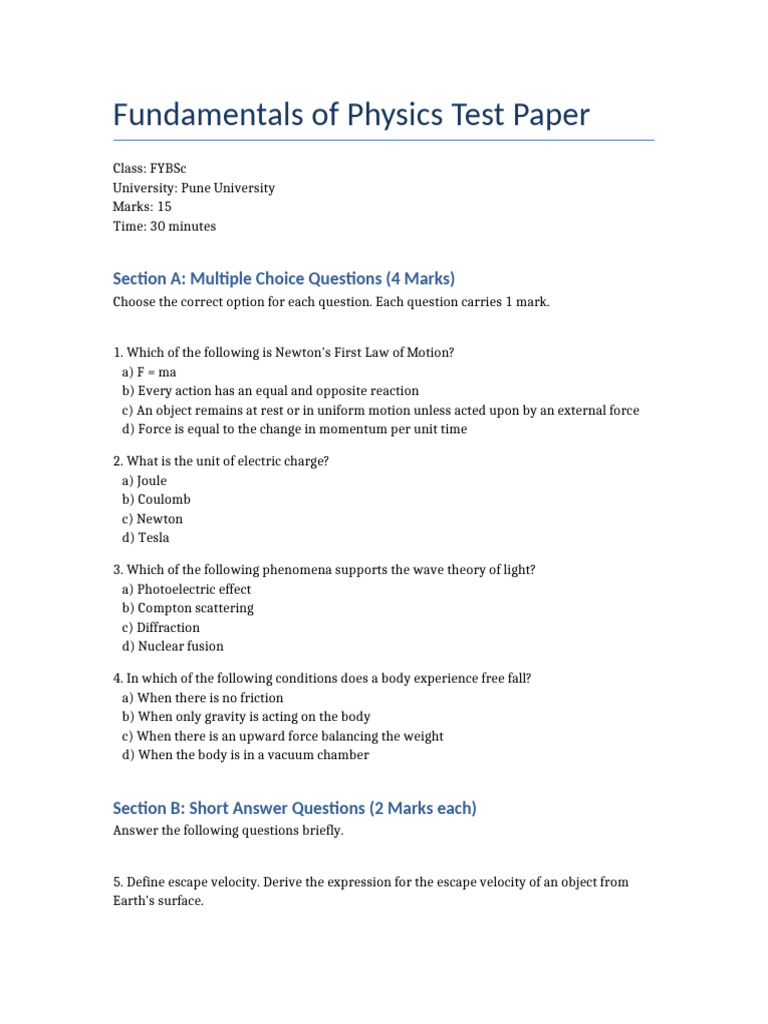 Fundamentals of Physics Test Paper FYBSc | PDF