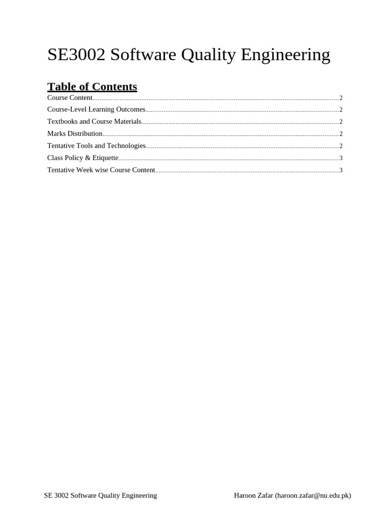 SE4001 Software Quality Engineering Course Content Rules and Outline | PDF
