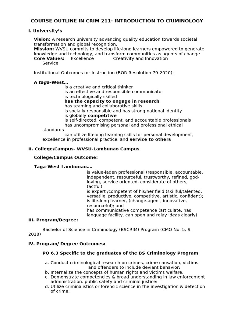 Criminology Course Outline: CRIM 211 | PDF | Criminology | Crimes