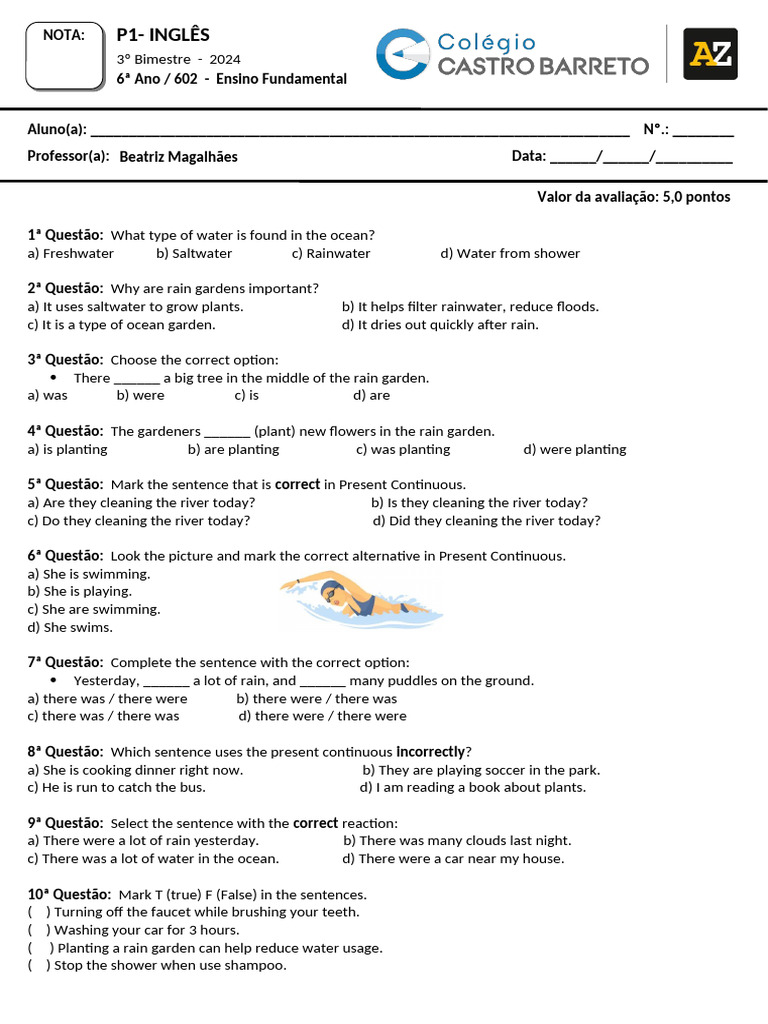 Prova de Inglês: Present Continuous 6º Ano | PDF