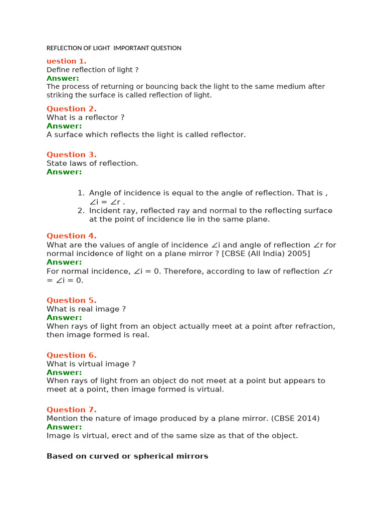 Reflection of Light Important Question | PDF | Mirror | Teaching ...