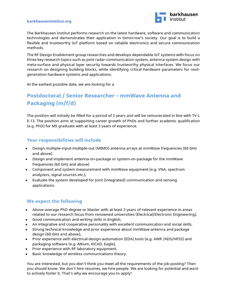 Postdoctoral Position in mmWave Antenna Design | PDF | Extremely High ...