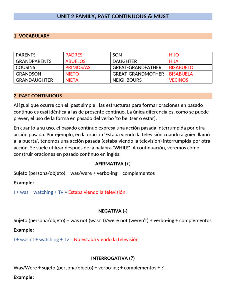Family, Past Continuous and Must | PDF