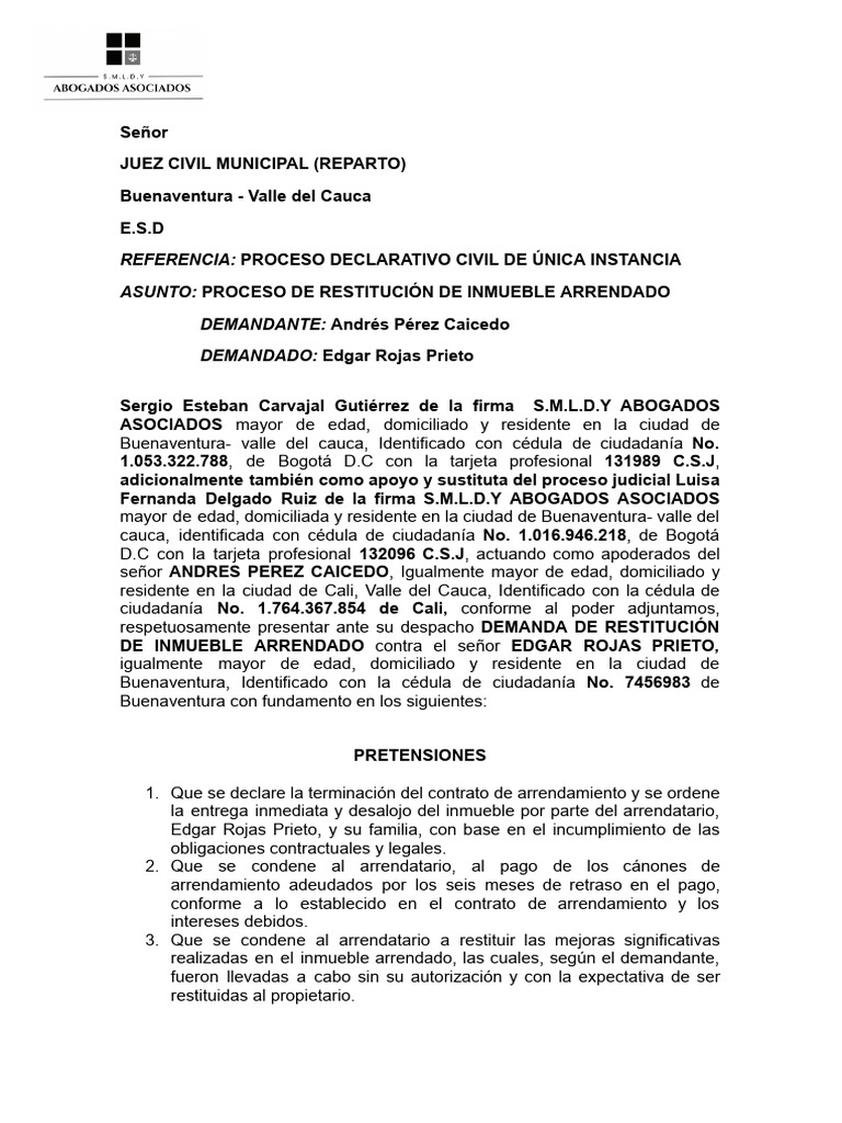 Demanda de Restitución de Inmueble Arrendado | PDF
