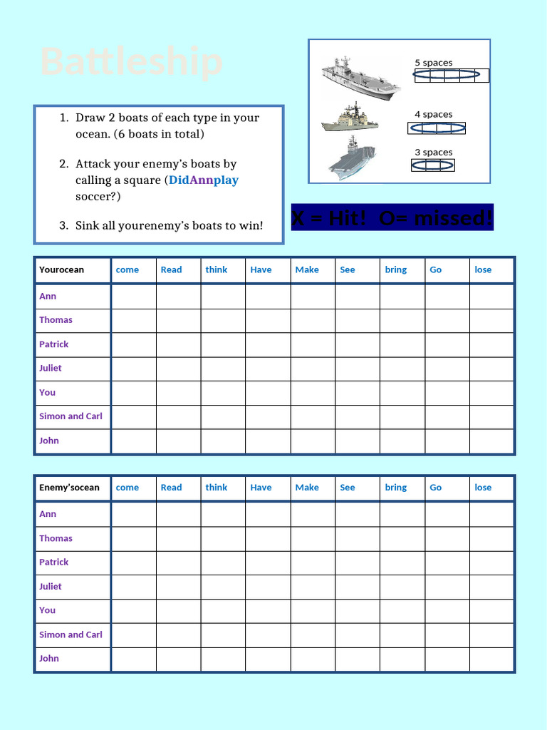 Battleship Simple Past Fun Activities Games Games Oneonone Activities ...