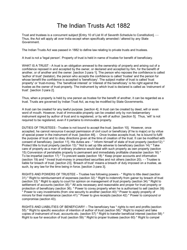 The Indian Trusts Act 1882 Trust Law English Trust Law