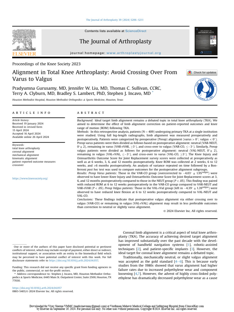 Alignment in Total Knee Arthroplasty Avoid Crossing Over From Varus To ...
