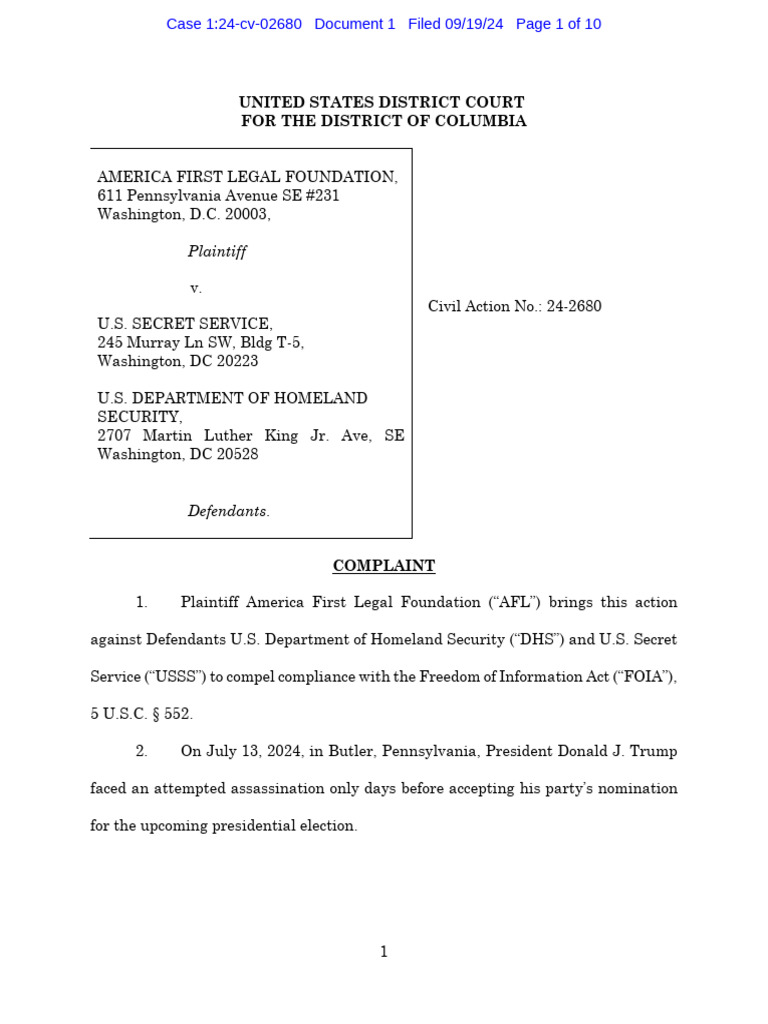 DHS and USSS FOIA Complaint 2024 | PDF | Freedom Of Information Act ...