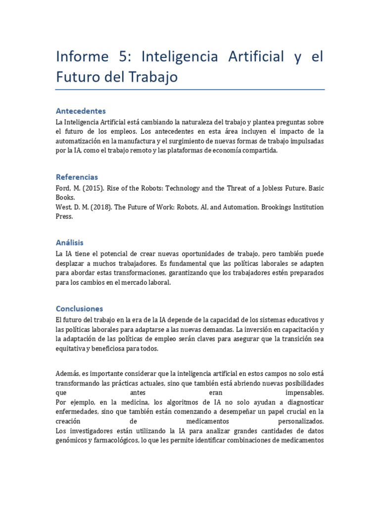 Informe 5 Inteligencia Artificial y El Futuro Del Trabajo - 5pages ...