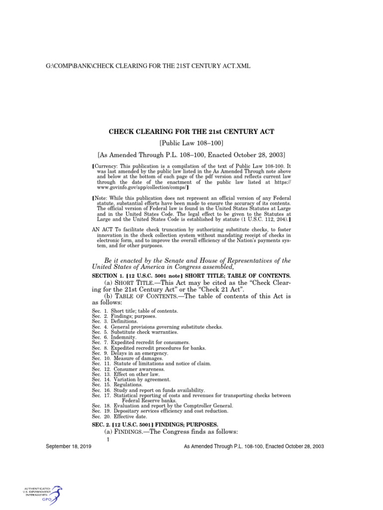Check 21 Act | PDF | Indemnity | Finance & Money Management