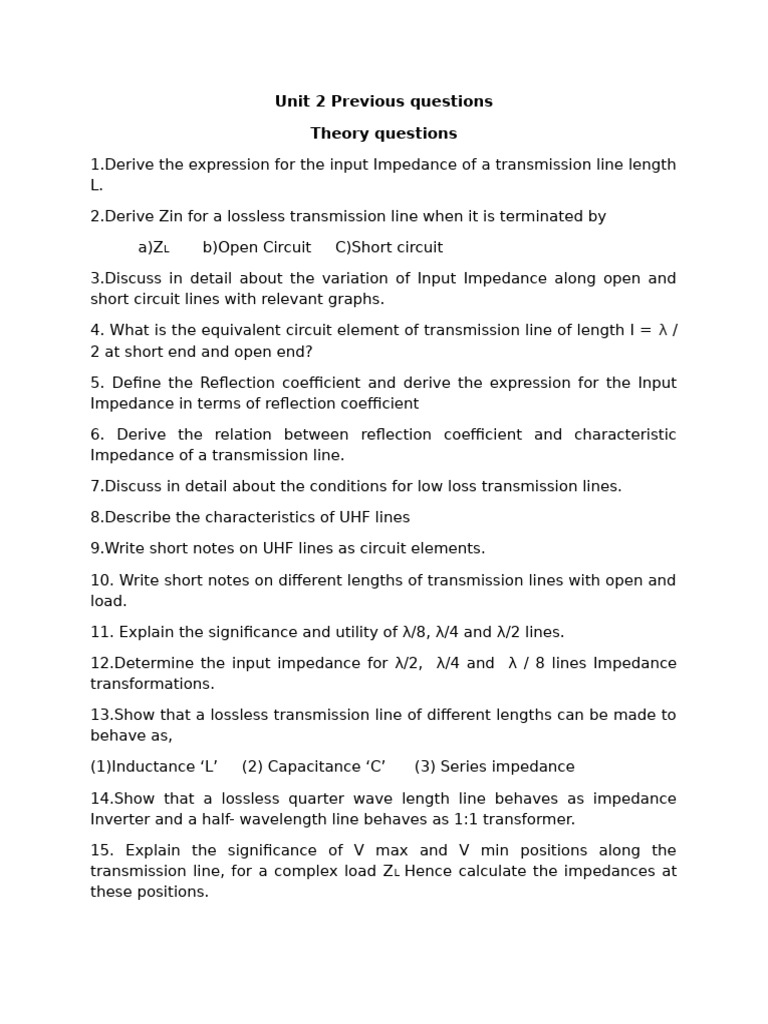Unit 2 Previous Questions | PDF | Transmission Line | Electrical Impedance