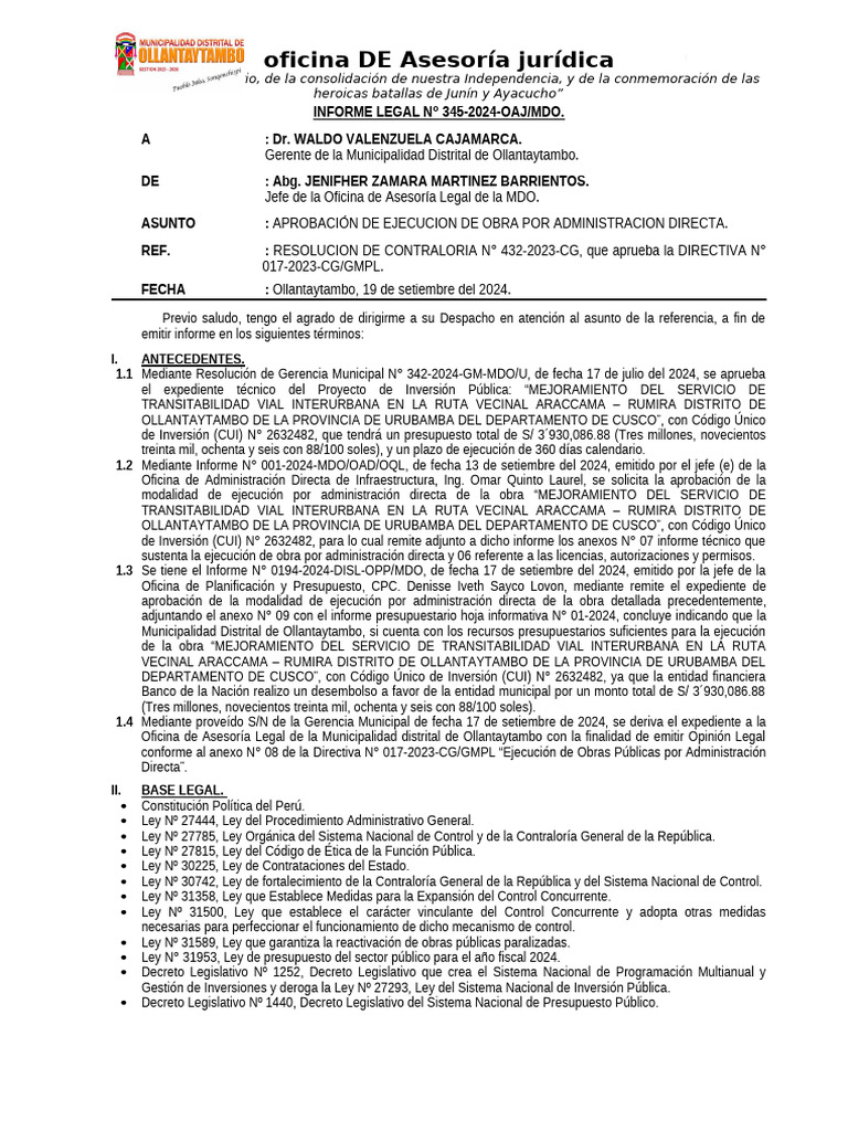 Informe Legal sobre Ejecución de Obra 2024 | PDF | Presupuesto ...