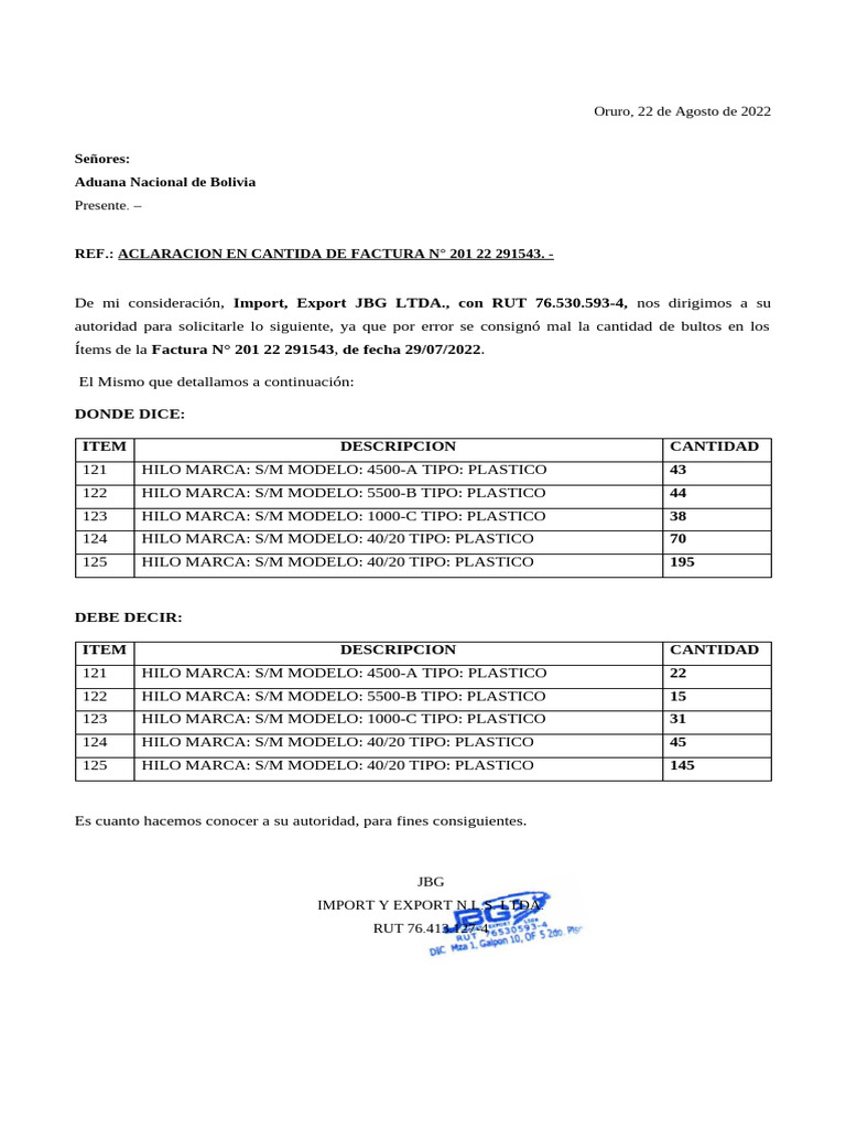 Carta Aclaratoria A La Aduana Potosi Pdf