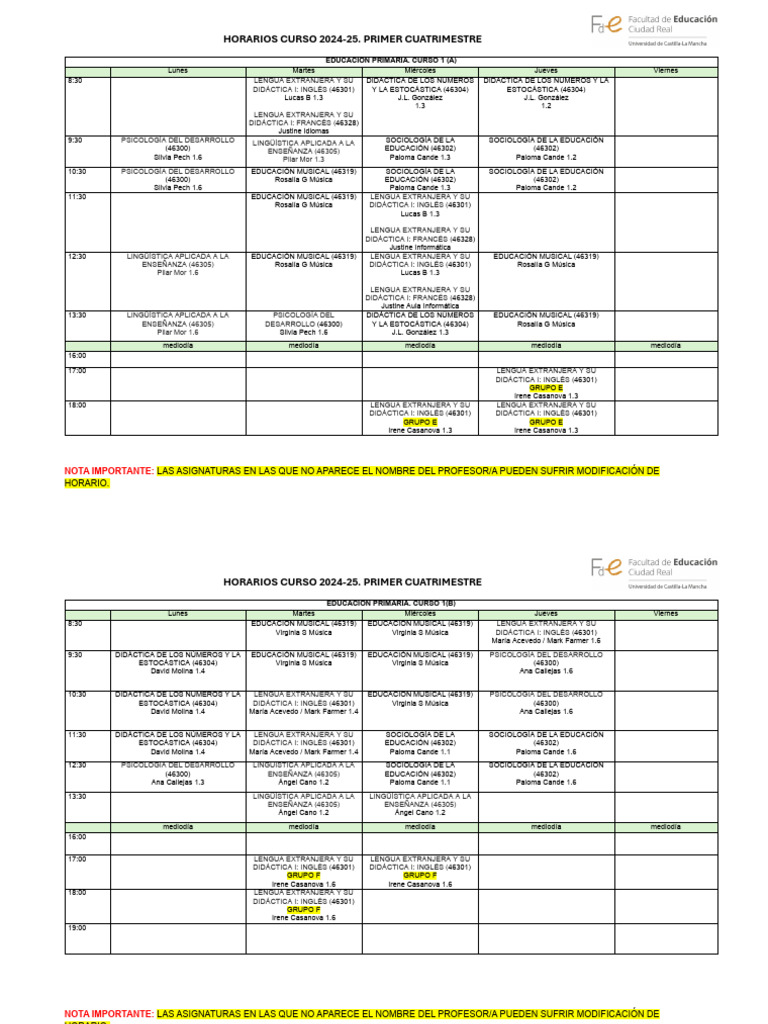 1c - Horarios Educacin Primaria 2024-25 | PDF